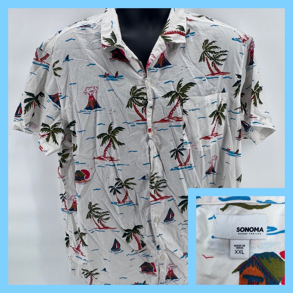 SONOMA Goods For Life Mens XXL Hawaiian Volcano Palm Tree Print‎ Button Up Shirt